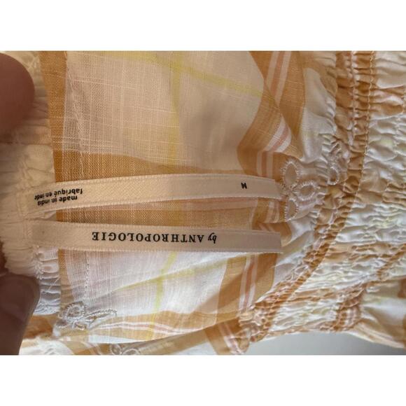 Anthropologie Puff-Sleeve Plaid Eyelet Midi Dress Smocked Waist Yellow M NWOT - Picture 6 of 10